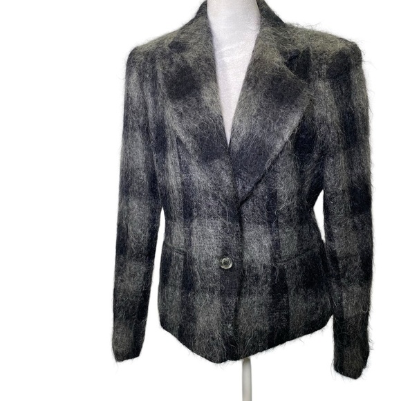 HW NEW YORK VINTAGE Women's size 8 gray black mohair plaid lined 2 button blazer - Picture 1 of 10